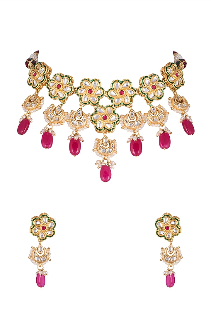 Gold Plated Ruby Choker Necklace Set by Just Shraddha at Pernia's Pop Up Shop