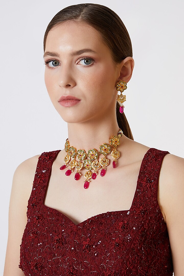 Gold Plated Ruby Choker Necklace Set  by Just Shraddha at Pernia's Pop Up Shop