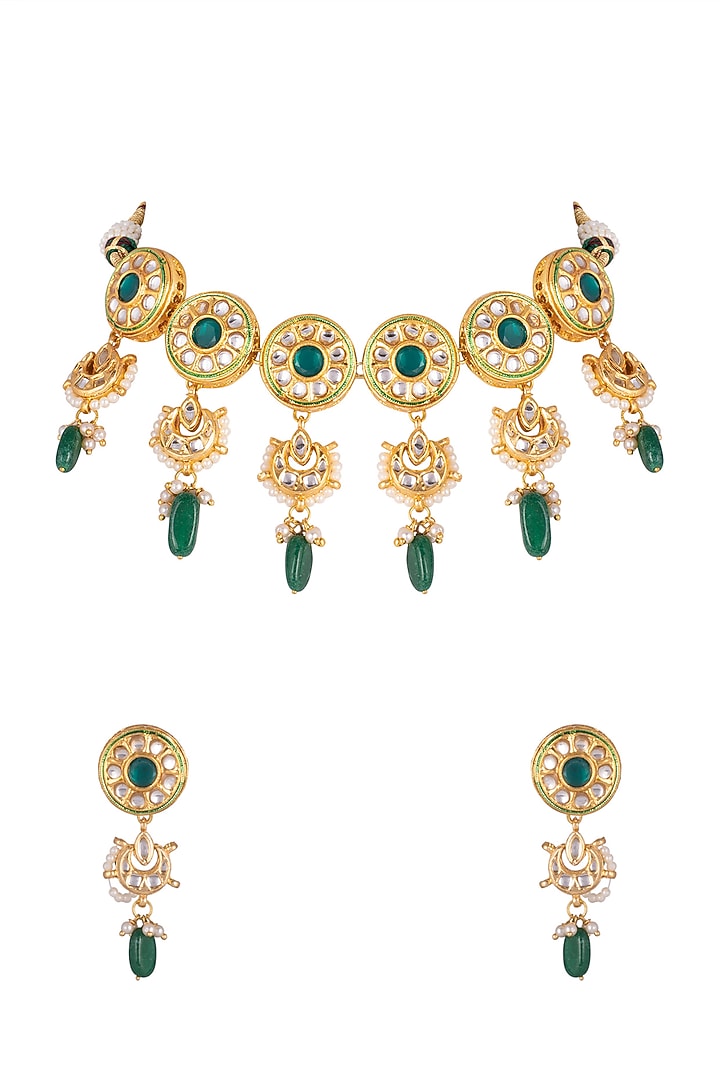 Gold Plated Emerald Choker Necklace Set by Just Shraddha at Pernia's Pop Up Shop