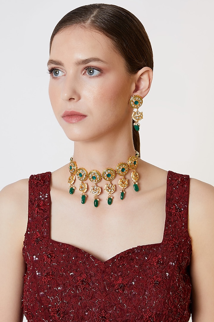 Gold Plated Emerald Choker Necklace Set by Just Shraddha at Pernia's Pop Up Shop