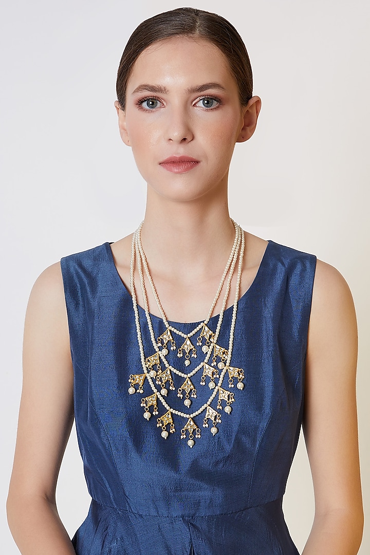 Gold Plated Kundan Teenlada Necklace by Just Shraddha