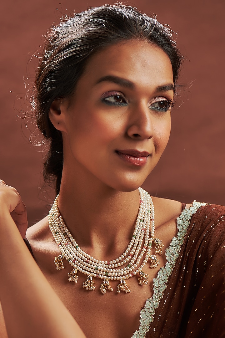 Gold Plated Pearl & Semi Stones Multi-Layered Necklace by Just Shraddha at Pernia's Pop Up Shop