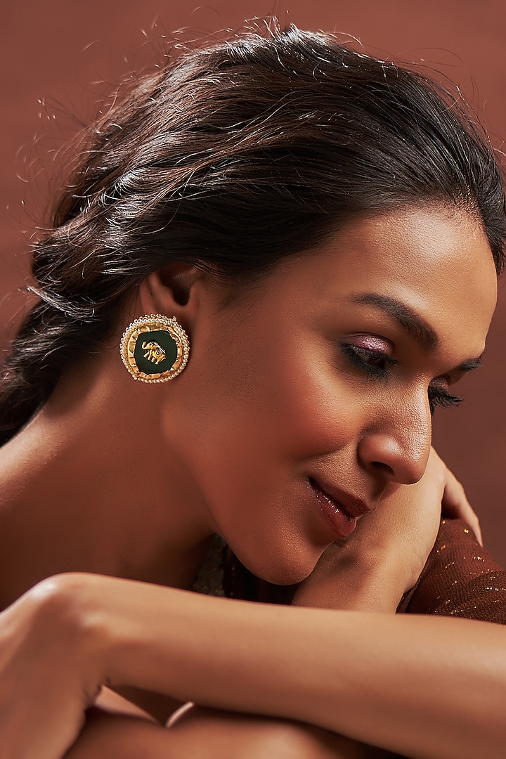 Gold Plated Green Stone & Pearl Stud Earrings by Just Shraddha at Pernia's Pop Up Shop