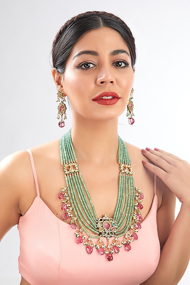 Gold Plated Kundan Polki Beaded Necklace Set by Just Shraddha at Pernia's Pop Up Shop