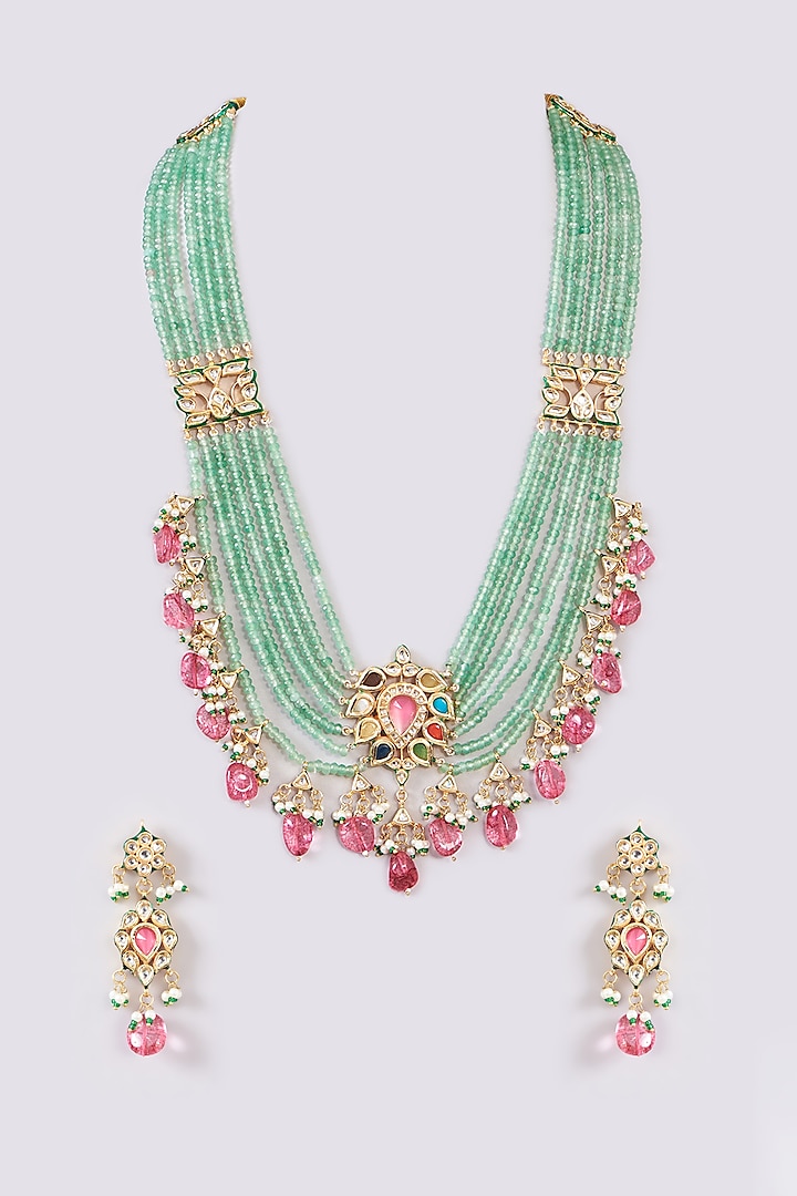 Gold Plated Kundan Polki Beaded Necklace Set by Just Shraddha at Pernia's Pop Up Shop