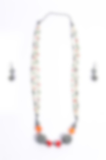 Black Rhodium Finish Multi-Colored Beaded & Pearl Long Necklace Set by Just Shraddha at Pernia's Pop Up Shop
