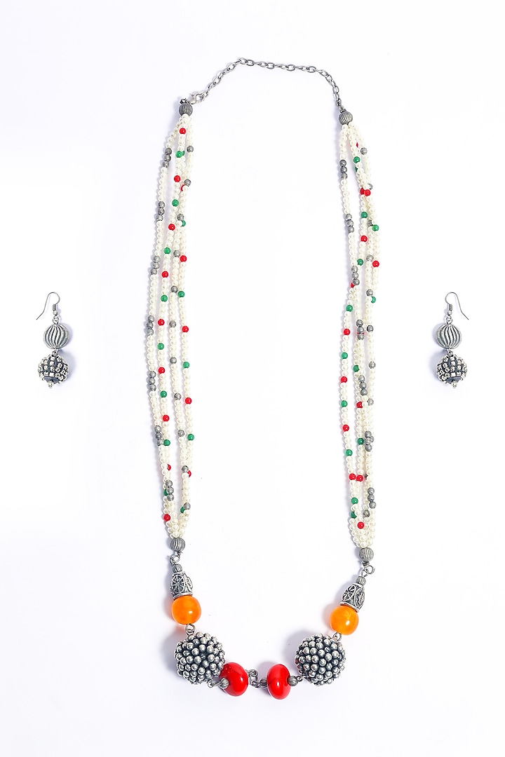 Black Rhodium Finish Multi-Colored Beaded & Pearl Long Necklace Set by Just Shraddha at Pernia's Pop Up Shop