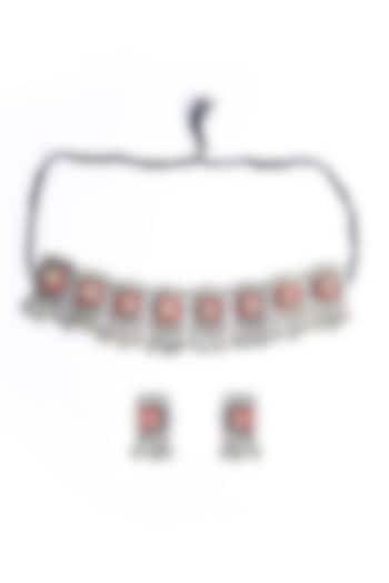 Black Rhodium Finish Red Stone & Kundan Work Choker Necklace Set by Just Shraddha at Pernia's Pop Up Shop