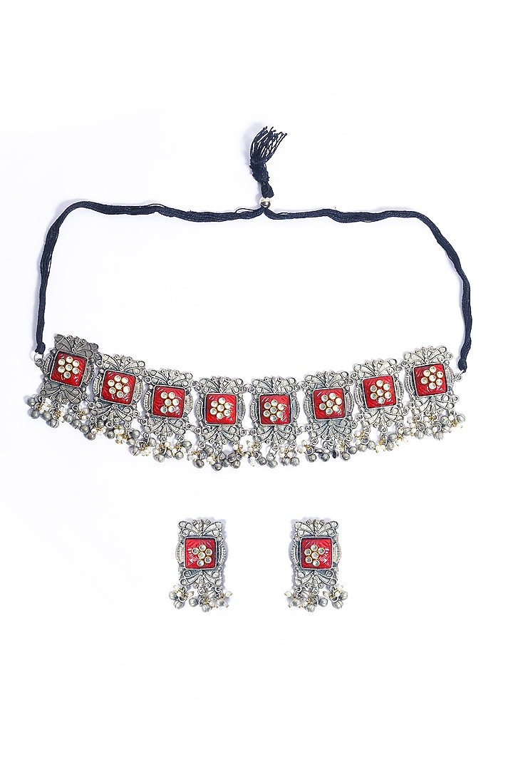 Black Rhodium Finish Red Stone & Kundan Work Choker Necklace Set by Just Shraddha at Pernia's Pop Up Shop