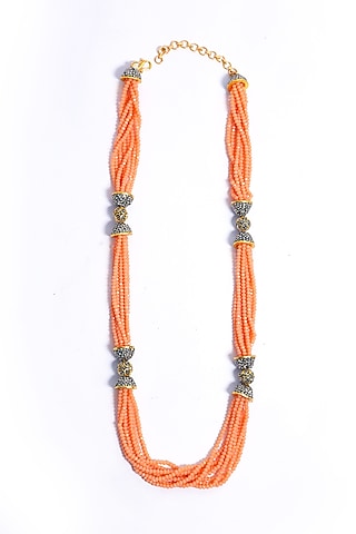 Gold Finish Kundan Polki & Peach Uncut Beaded Long Necklace by Just Shraddha