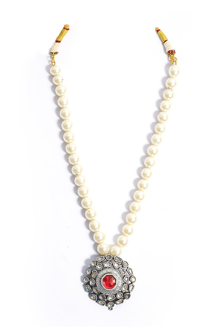 Gold Finish Kundan Polki & Pearl Pendant Necklace by Just Shraddha at Pernia's Pop Up Shop