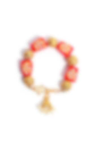 Gold Finish Kundan Polki & Tomato Red Stone Bracelet by Just Shraddha at Pernia's Pop Up Shop