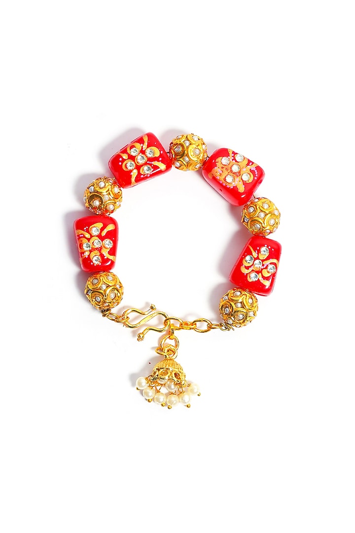 Gold Finish Kundan Polki & Tomato Red Stone Bracelet by Just Shraddha at Pernia's Pop Up Shop