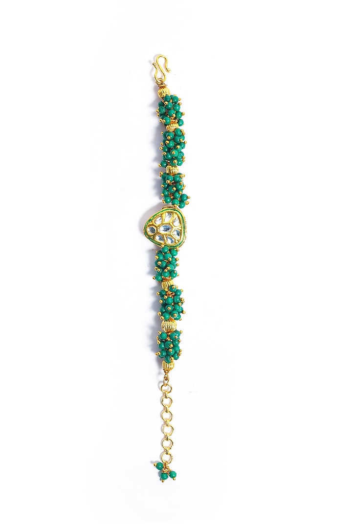 Gold Plated Kundan Polki & Green Clustered Pearl Bracelet by Just Shraddha at Pernia's Pop Up Shop