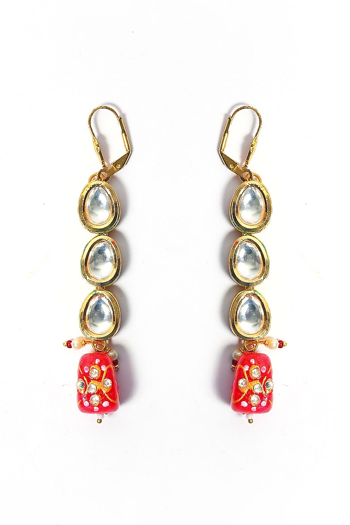 Gold Plated Kundan Polki & Handpainted Beaded Dangler Earrings by Just Shraddha at Pernia's Pop Up Shop