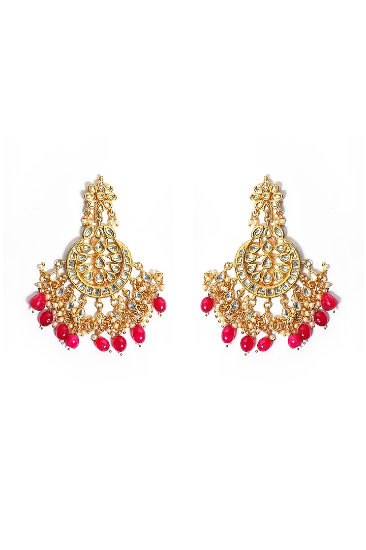 Gold Plated Kundan Polki & Ruby Beaded Chandbaali Earrings by Just Shraddha at Pernia's Pop Up Shop