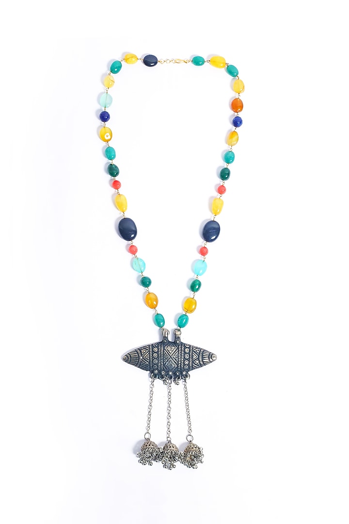 Oxidised Finish Multi-Colored Beaded Pendant Necklace by Just Shraddha at Pernia's Pop Up Shop