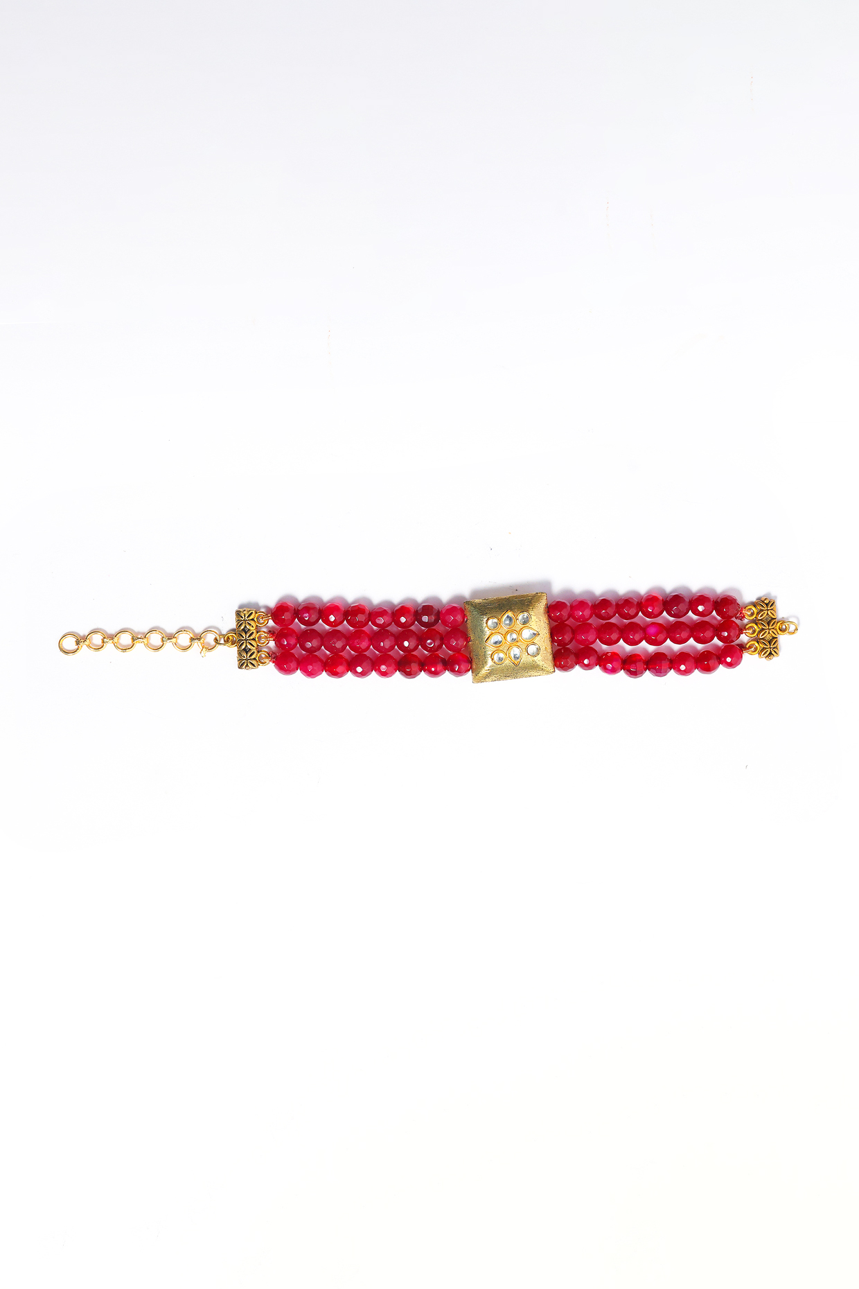 Gold Plated Kundan Polki & Ruby Beaded Bracelet by Just Shraddha at Pernia's Pop Up Shop