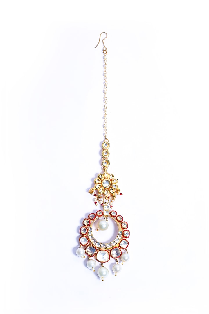 Gold Plated Kundan Polki & Pearl Maangtikka by Just Shraddha at Pernia's Pop Up Shop