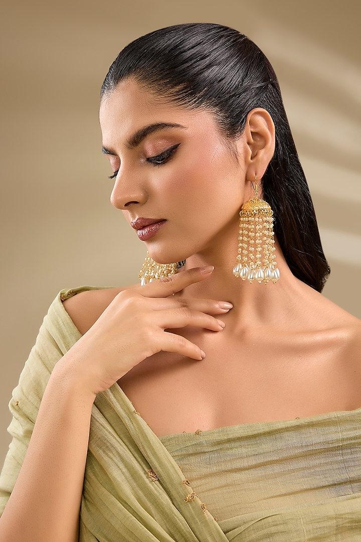 Gold Plated Pearl Jhumka Earrings by Just Shraddha at Pernia's Pop Up Shop