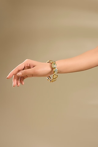 Gold Plated Kundan Polki Green Meenakari Bangle by Just Shraddha
