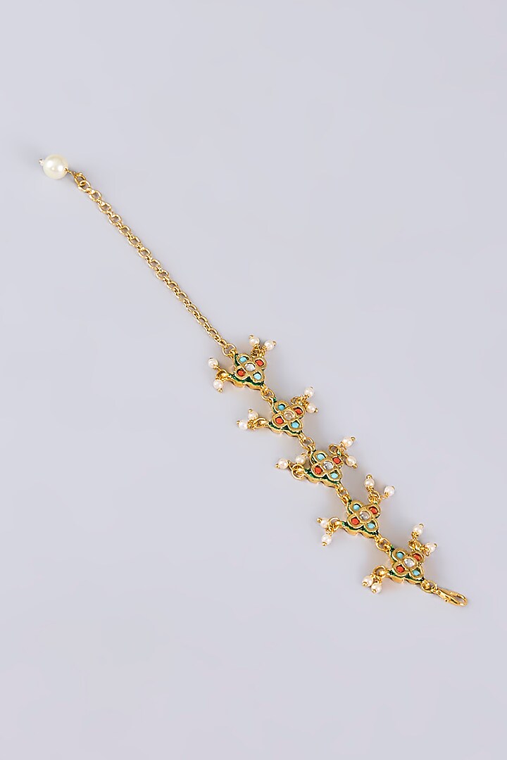 Gold Plated Multi-Colored Kundan Polki & Pearl Bracelet by Just Shraddha at Pernia's Pop Up Shop