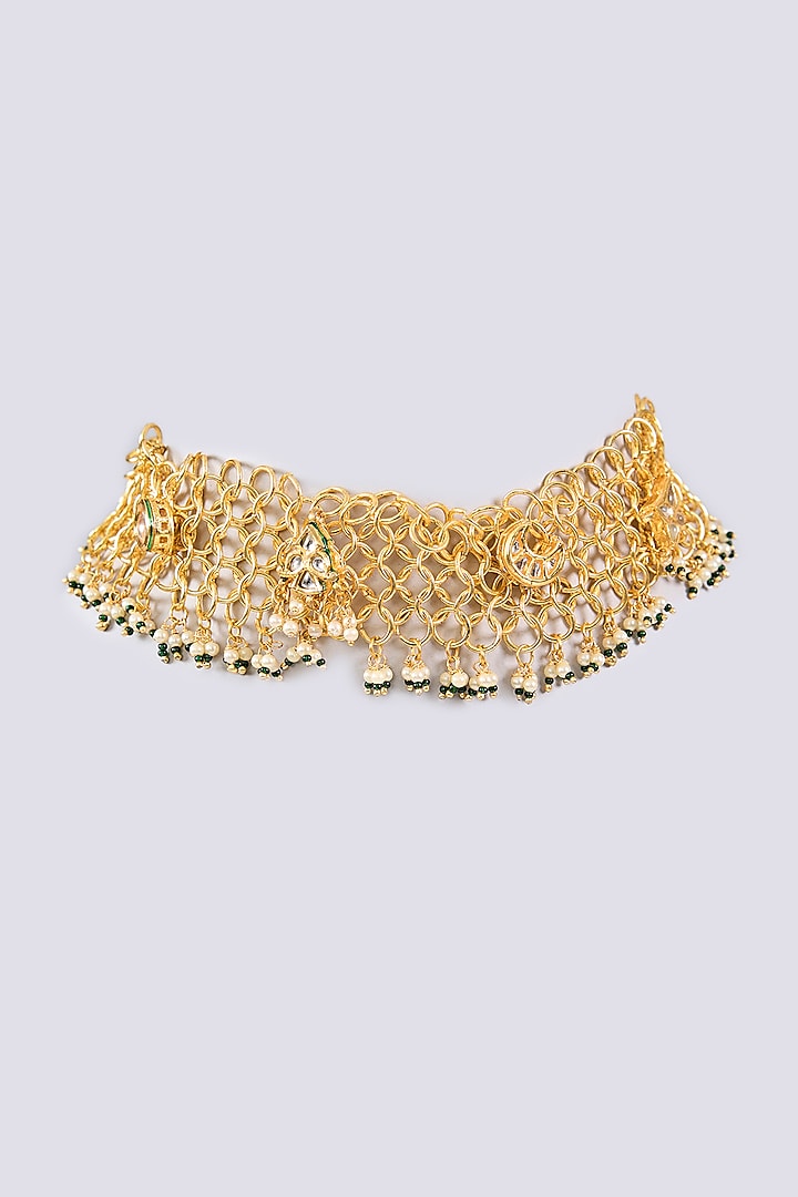 Gold Plated Kundan Polki & Pearl Chain Mesh Necklace by Just Shraddha at Pernia's Pop Up Shop
