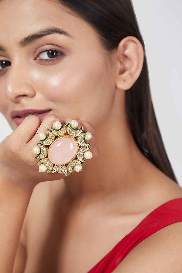 Gold Plated Rose Quartz Ring by Just Shraddha