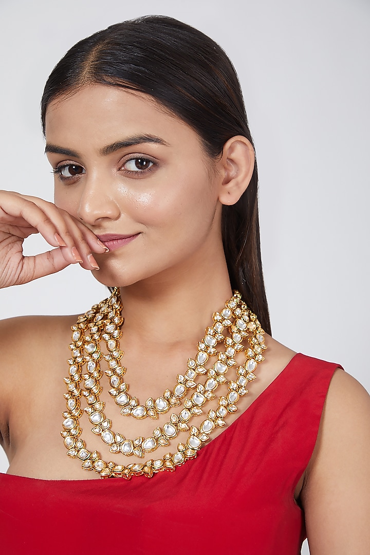 Gold Plated Three Liner Polki Necklace by Just Shraddha