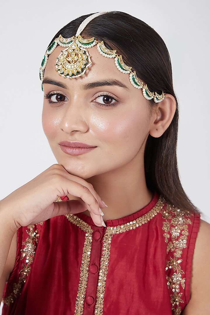 Gold Plated Meenakari Chand Matha Patti by Just Shraddha at Pernia's Pop Up Shop