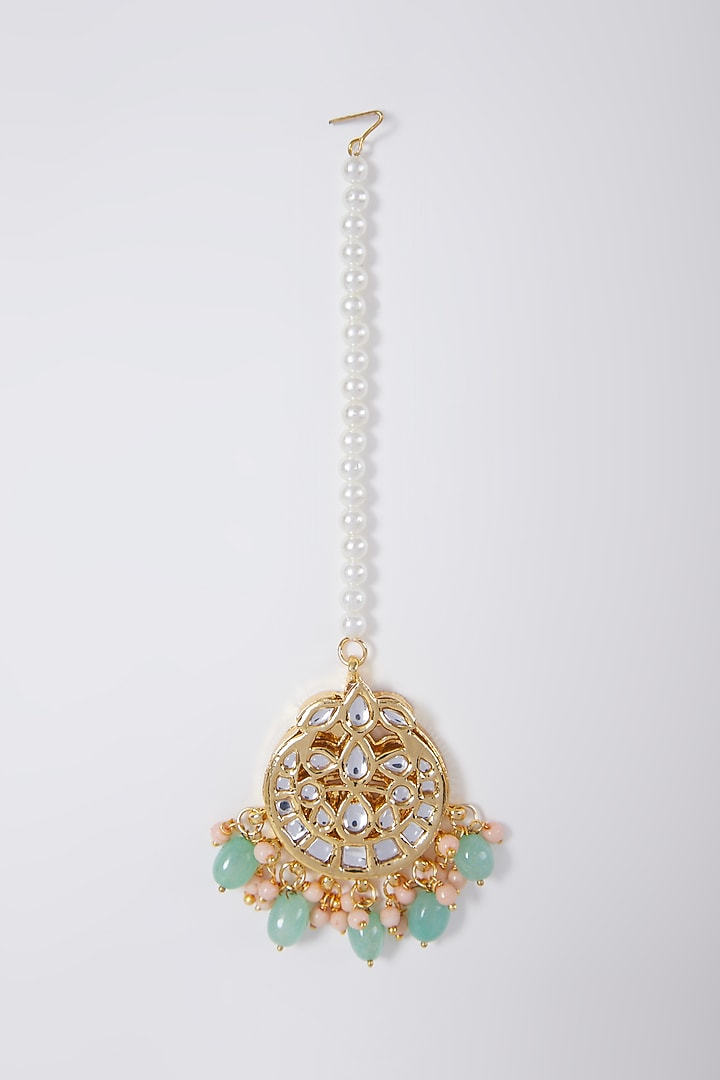 Gold Plated Peach Pearl Maang Tikka by Just Shraddha at Pernia's Pop Up Shop