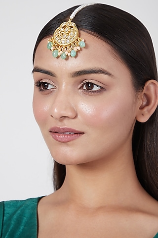 Gold Plated Peach Pearl Maang Tikka by Just Shraddha