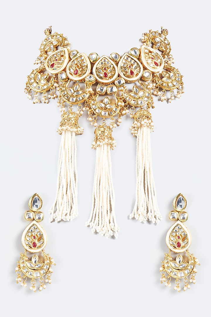 Gold Plated Kundan Polki Necklace Set by Just Shraddha
