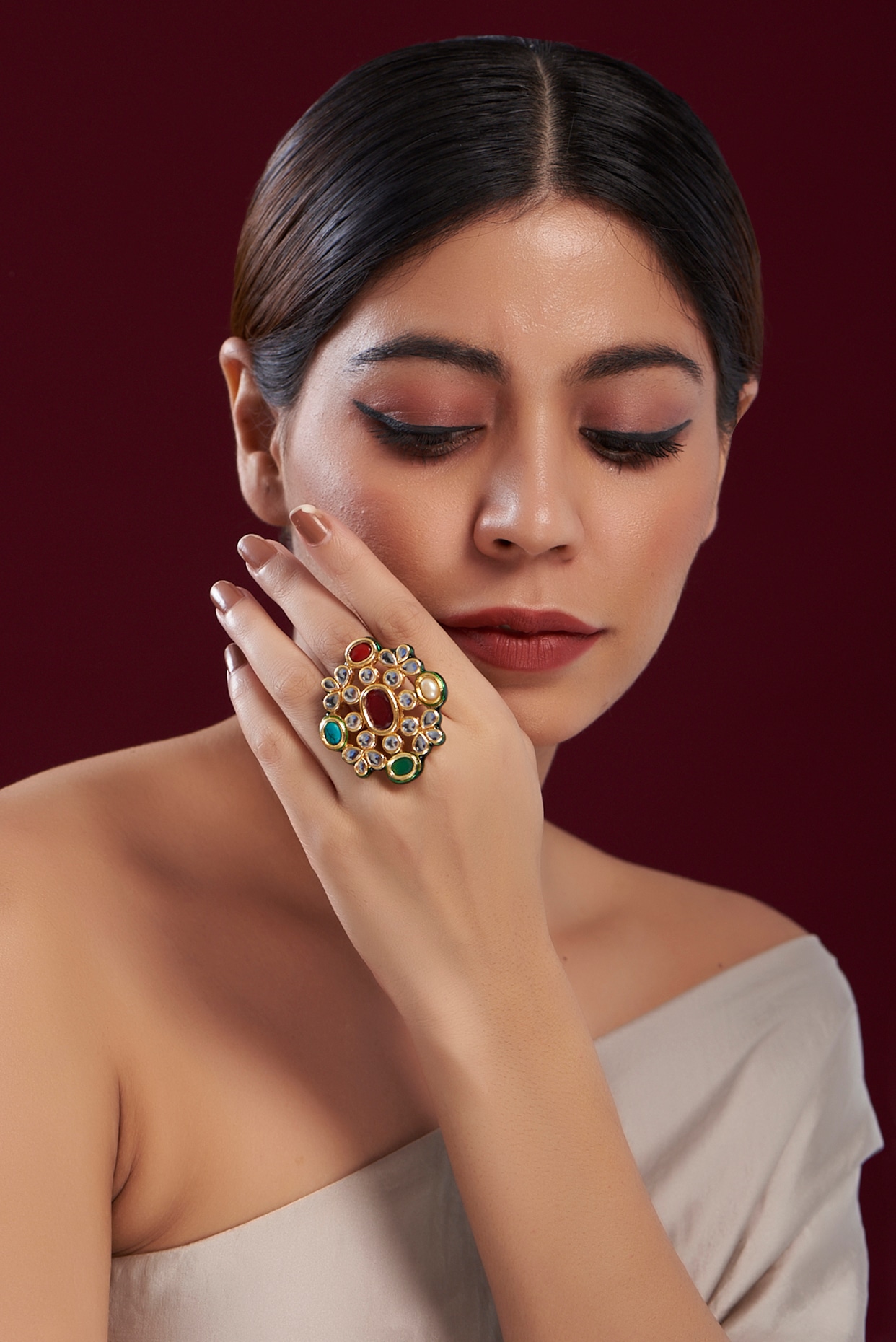 14KT Yellow Gold Ring paved with multiple coloured stones - PC Chandra