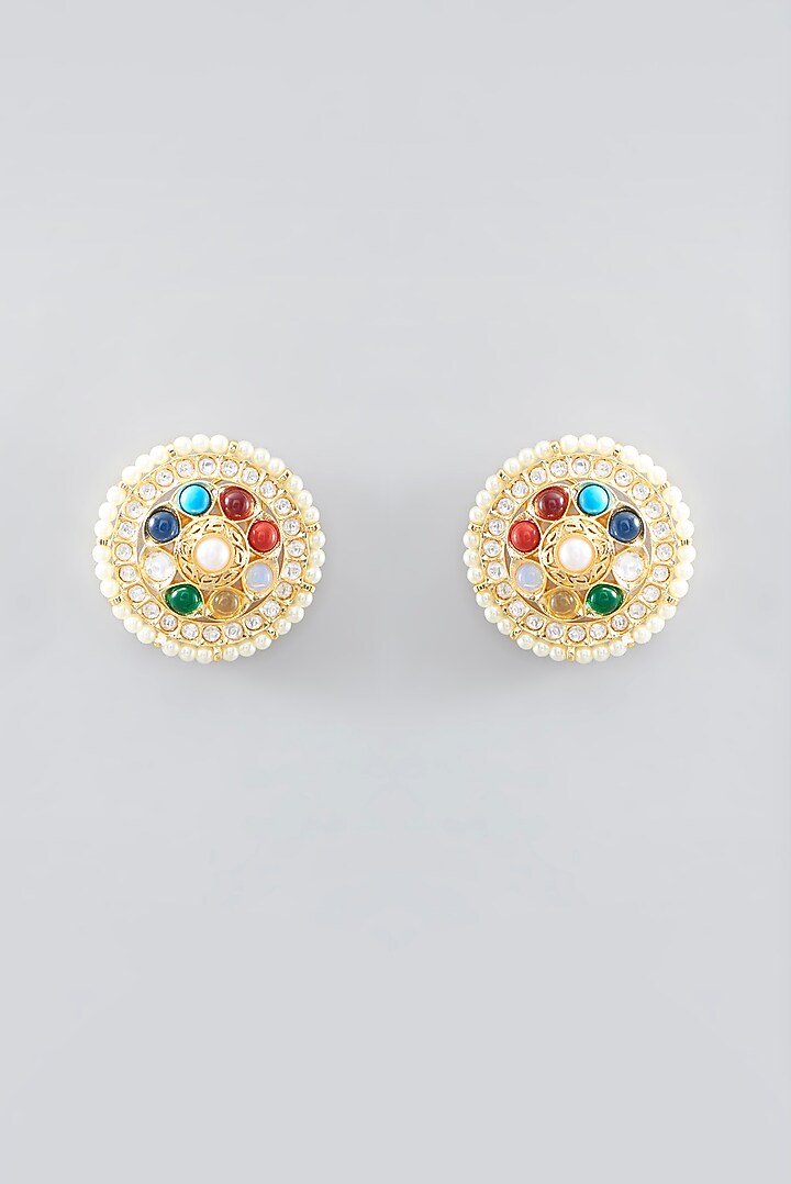 Gold Plated Multi-Colored Stone & Pearl Stud Earrings by Just Shraddha at Pernia's Pop Up Shop