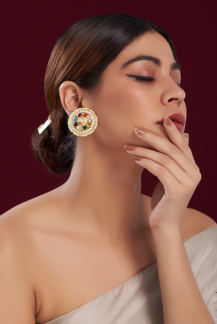 Gold Plated Multi-Colored Stone & Pearl Stud Earrings by Just Shraddha at Pernia's Pop Up Shop