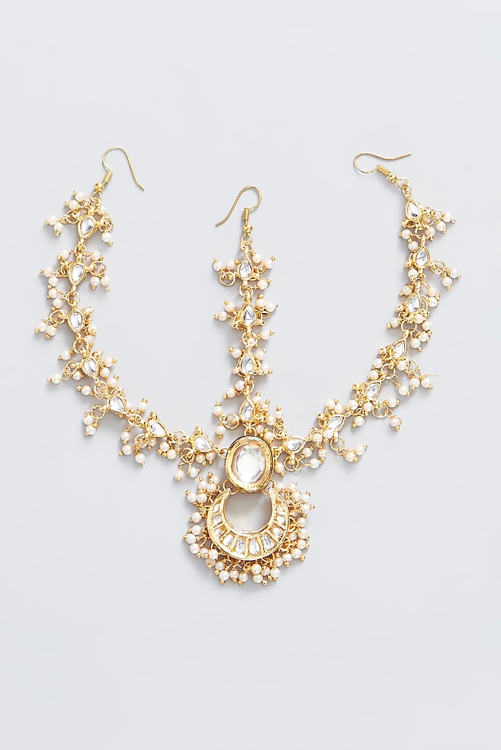 Gold Plated Kundan Polki & Pearl Mathapatti by Just Shraddha at Pernia's Pop Up Shop