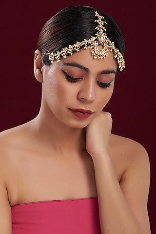 Gold Plated Kundan Polki & Pearl Mathapatti by Just Shraddha