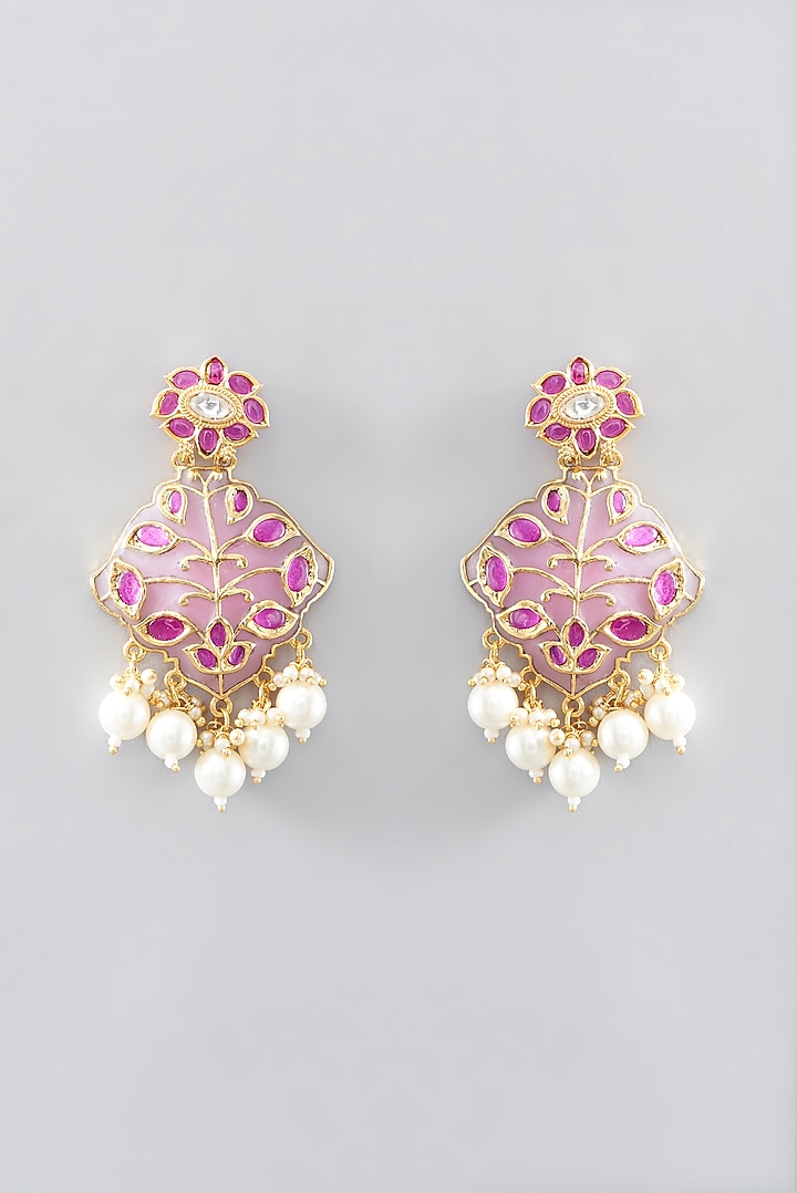 Gold Plated Pink Kundan Polki & Pearl Dangler Earrings by Just Shraddha at Pernia's Pop Up Shop