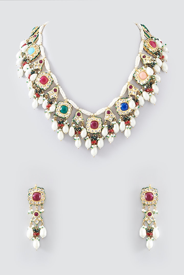 Gold Plated Multi-Colored Stone & Pearl Long Necklace Set by Just Shraddha at Pernia's Pop Up Shop