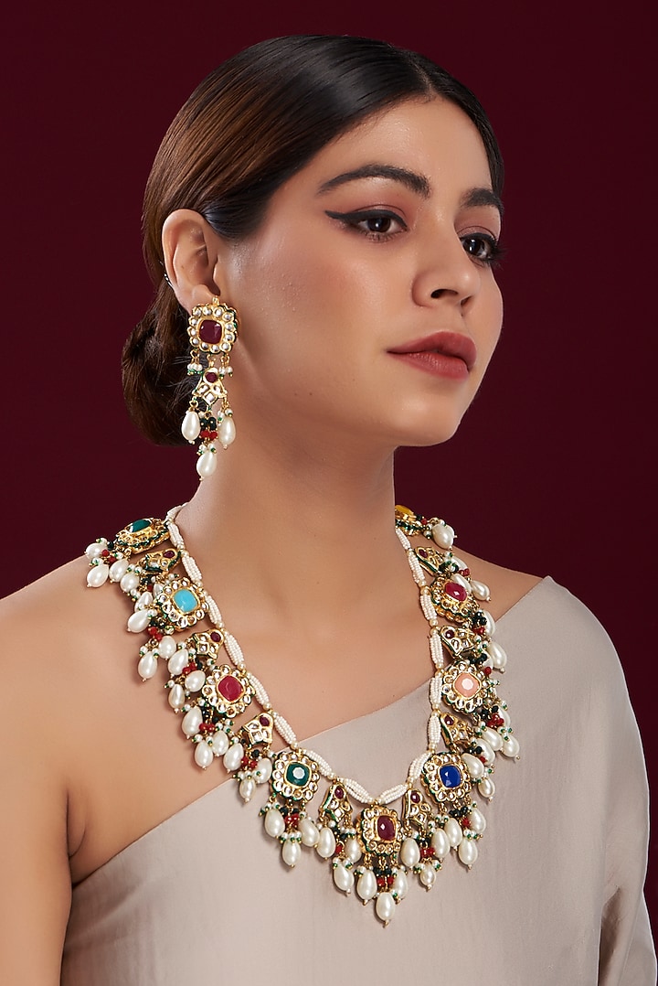 Gold Plated Multi-Colored Stone & Pearl Long Necklace Set by Just Shraddha at Pernia's Pop Up Shop