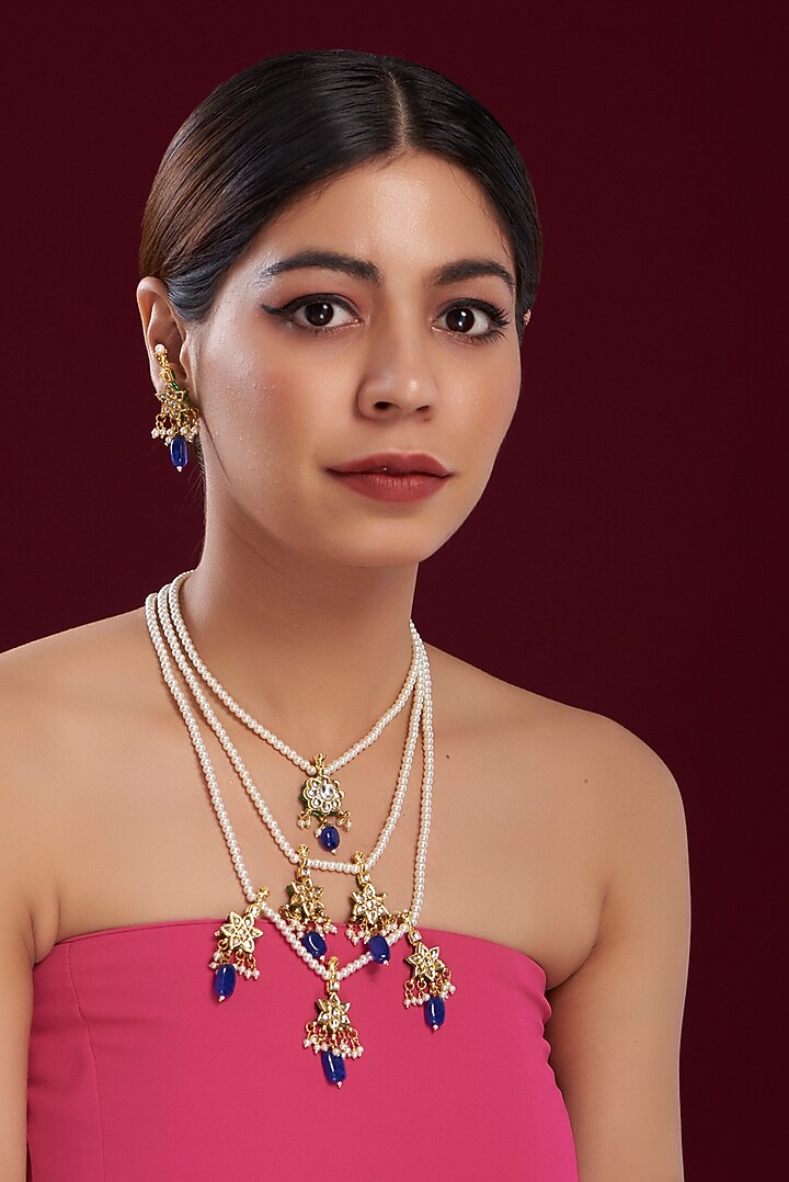 Gold Plated Pearl & Floral Motif Tiered Necklace by Just Shraddha at Pernia's Pop Up Shop