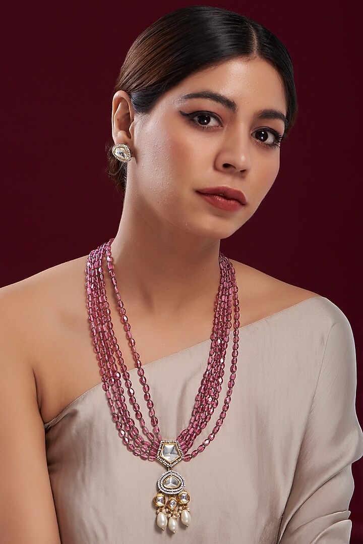Gold Plated Quartz & Beaded Multi-Layered Necklace Set by Just Shraddha at Pernia's Pop Up Shop