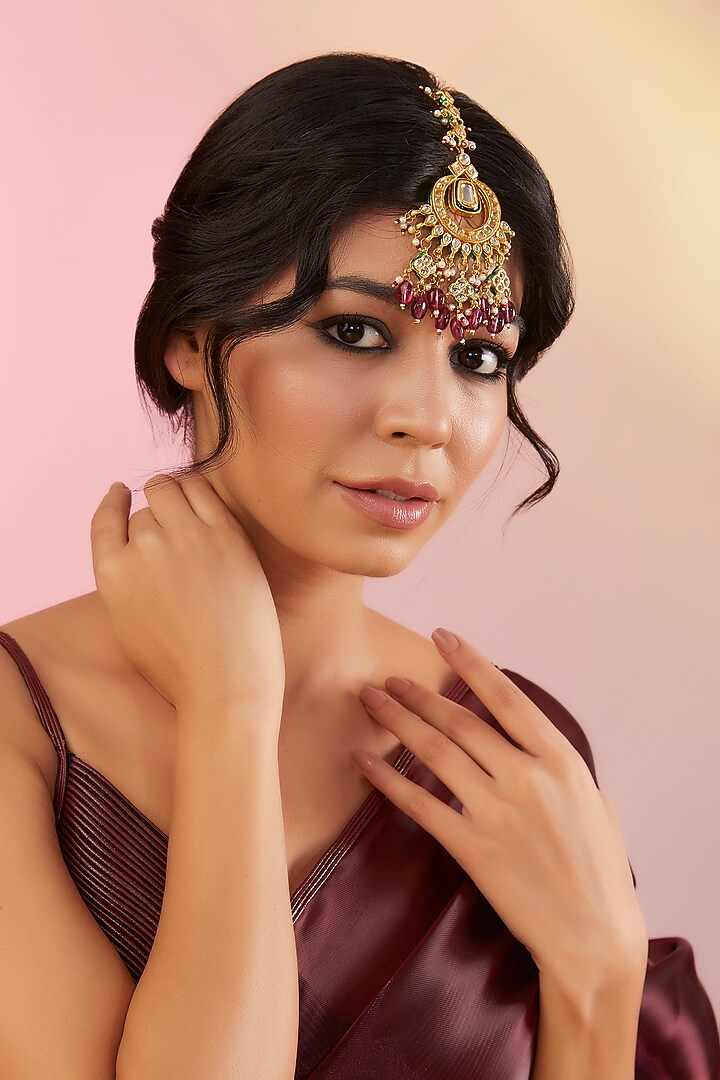 Gold Plated Kundan Polki & Beaded Maangtikka by Just Shraddha at Pernia's Pop Up Shop