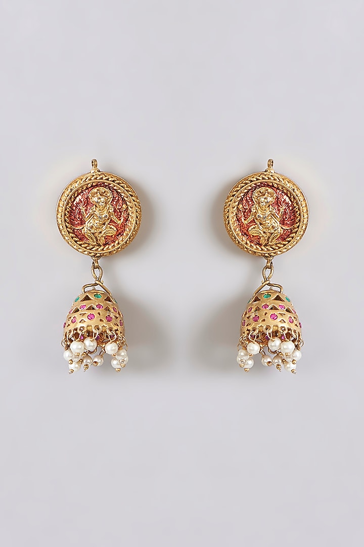 Gold Plated Pearl Temple Jhumka Earrings by Just Shraddha at Pernia's Pop Up Shop