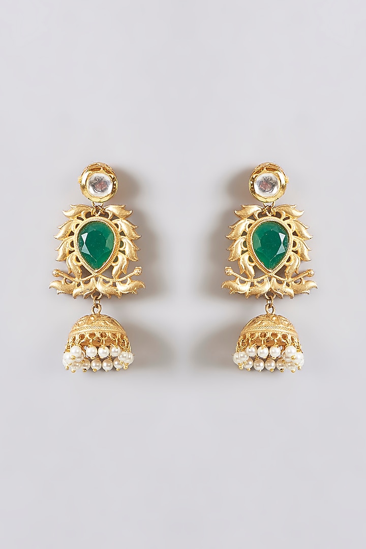 Gold Plated Green Stone & Pearl Dangler Earrings by Just Shraddha at Pernia's Pop Up Shop