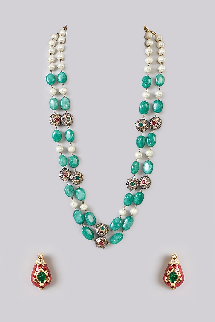 Gold Finish Kundan Polki & Beaded Layered Necklace by Just Shraddha at Pernia's Pop Up Shop