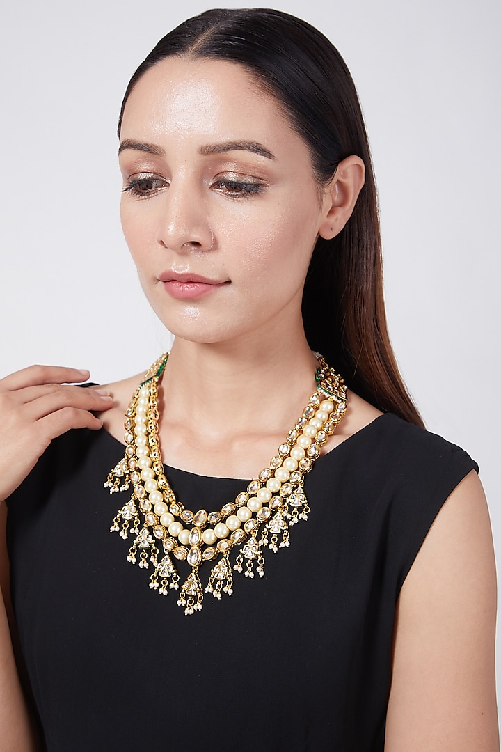 Gold Plated Three Tiered Necklace With Polkis by Just Shraddha