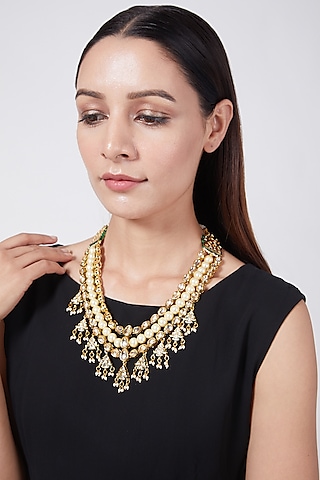 Gold Plated Three Tiered Necklace With Polkis by Just Shraddha
