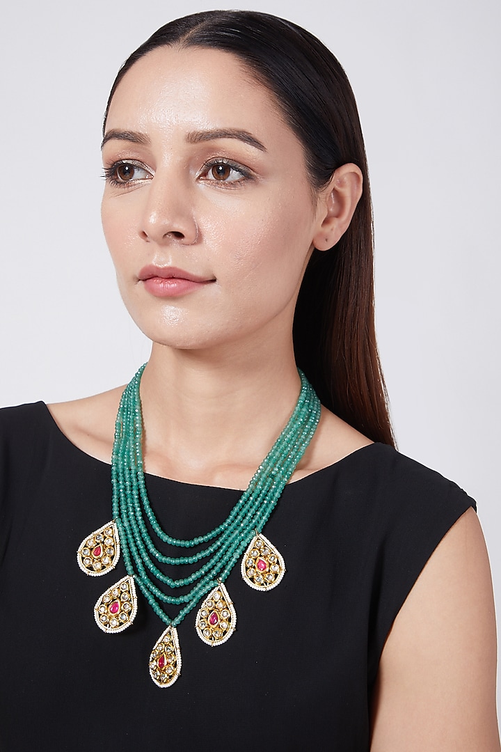 Gold Plated Emerald Beaded Layered Necklace by Just Shraddha